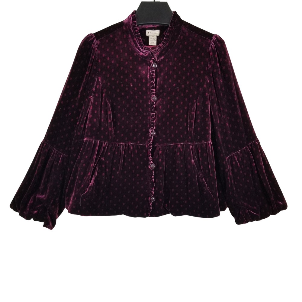 Elevenses Velvet Jacket Womens 10 Plum Purple Silk Blend Ruffle Peplum Dot